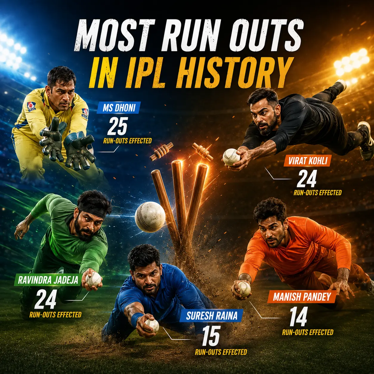 Most run outs in IPL history graphic featuring MS Dhoni with 25 run-outs effected, followed by Virat Kohli and Ravindra Jadeja with 24 each.