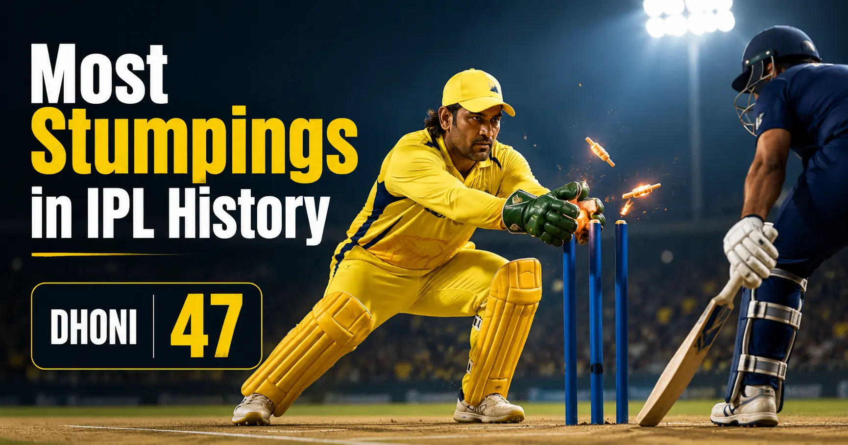 MS Dhoni wicketkeeping poster showing the most stumpings in IPL history, with Dhoni completing a stumping and the graphic highlighting his IPL stumping record of 47.