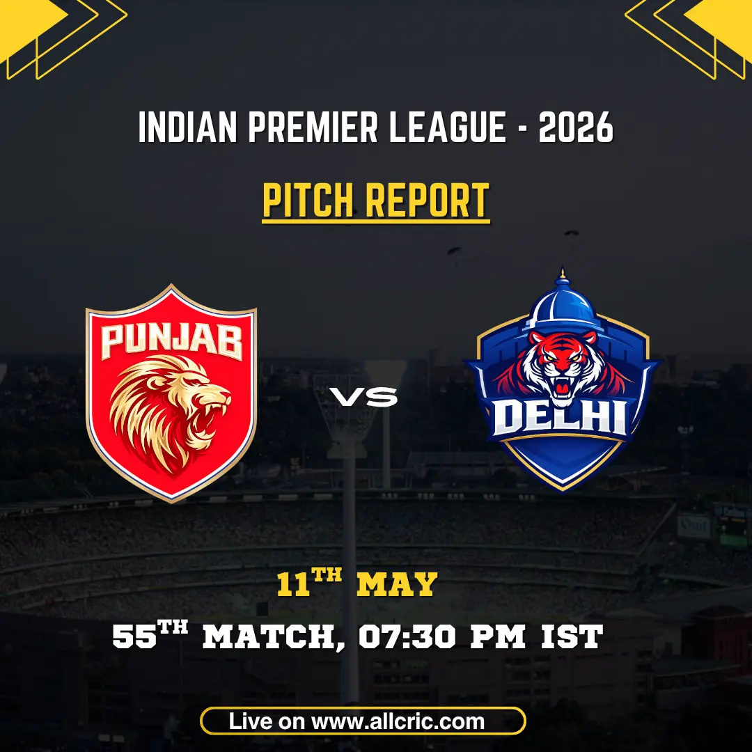 PBKS vs DC pitch report IPL 2026 poster featuring Punjab Kings vs Delhi Capitals, 55th match on May 11 at 7:30 PM IST at HPCA Stadium, Dharamsala.