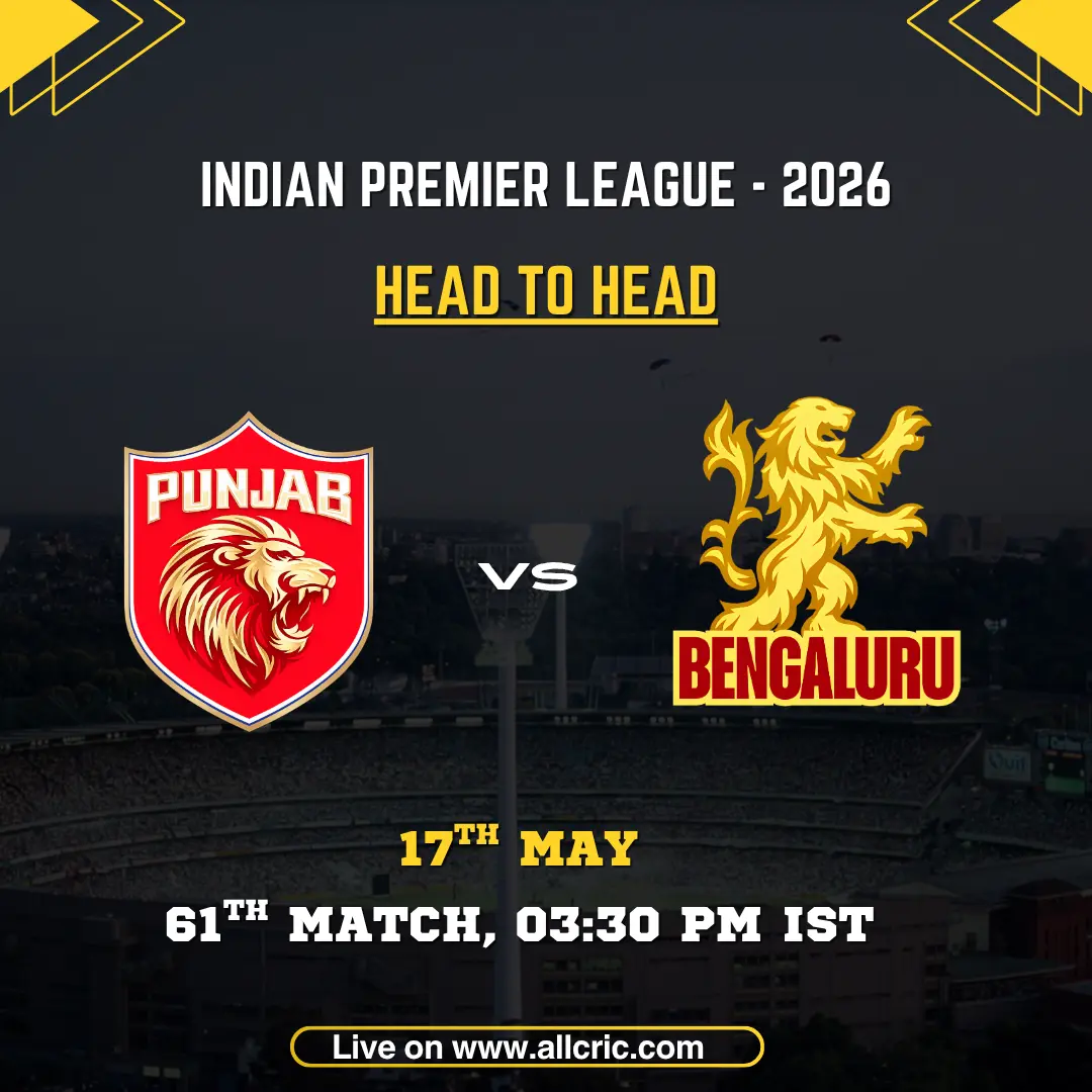 PBKS vs RCB head to head today IPL 2026 poster featuring Punjab Kings vs Royal Challengers Bengaluru, 61st match on May 17 at 3:30 PM IST with team logos.