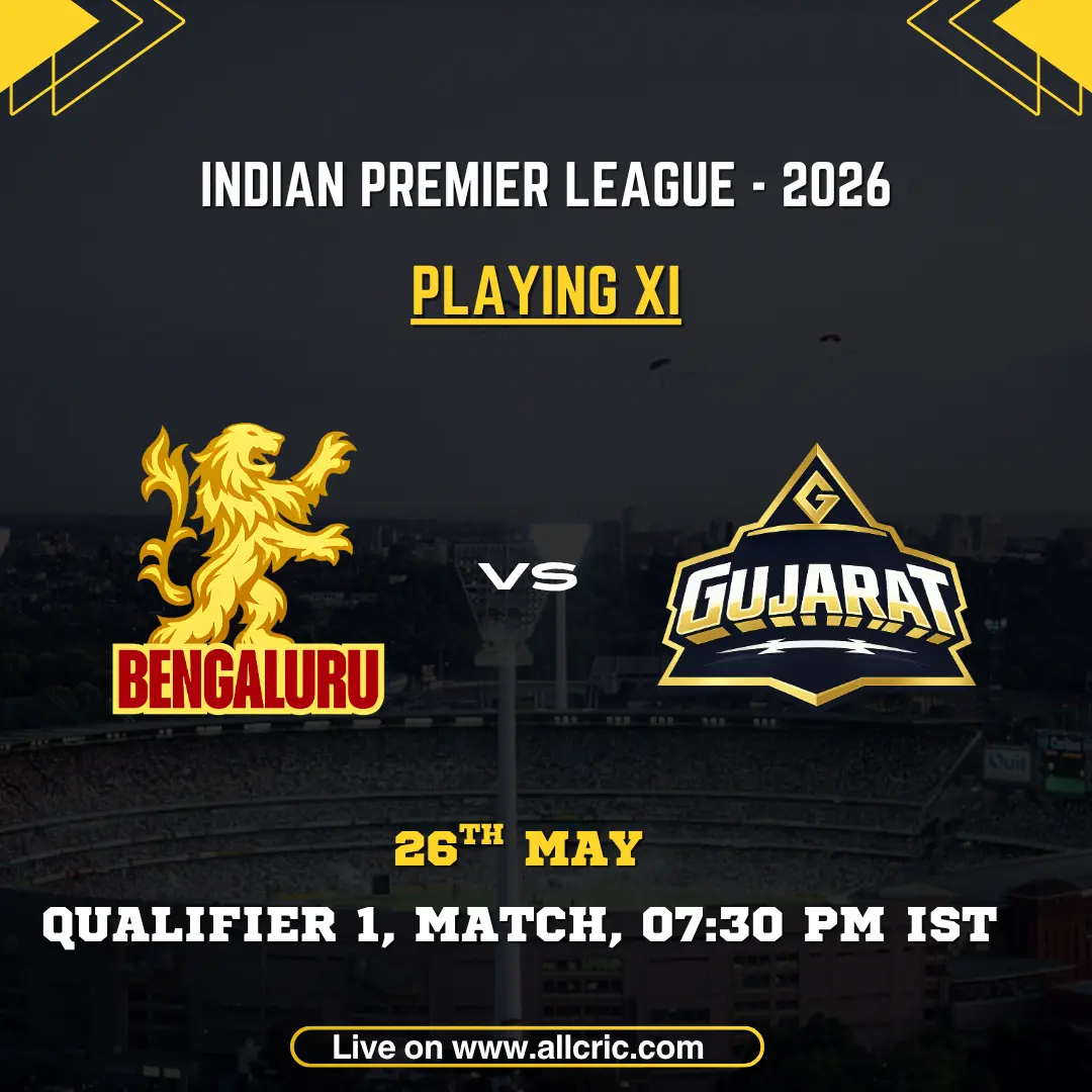 RCB vs GT playing 11 today IPL 2026 Qualifier 1 poster featuring Royal Challengers Bengaluru vs Gujarat Titans on May 26 at 7:30 PM IST.