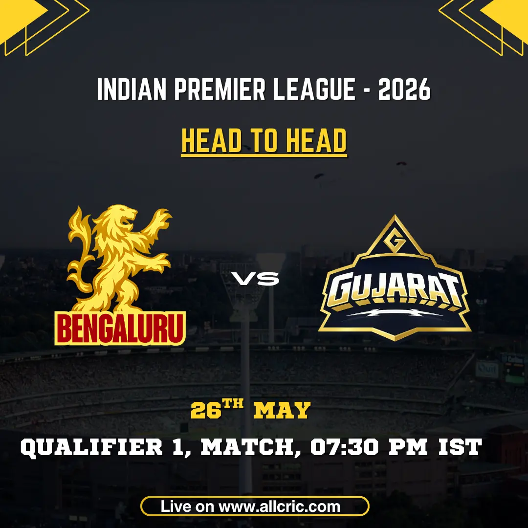 RCB vs GT head to head today IPL 2026 Qualifier 1 poster featuring Royal Challengers Bengaluru vs Gujarat Titans on May 26 at 7:30 PM IST.