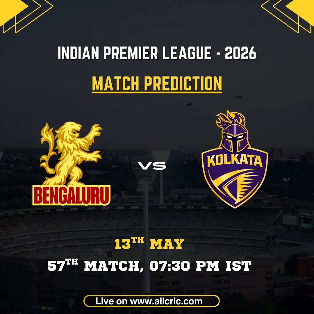 RCB vs KKR today match prediction IPL 2026 poster featuring Royal Challengers Bengaluru vs Kolkata Knight Riders, 57th match on May 13 at 7:30 PM IST with team logos.