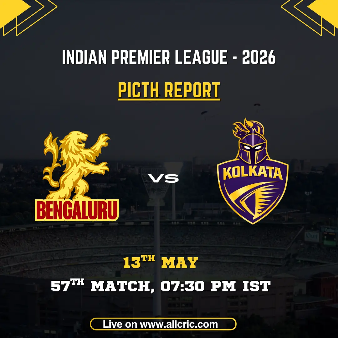 RCB vs KKR pitch report IPL 2026 poster featuring Royal Challengers Bengaluru vs Kolkata Knight Riders, 57th match on May 13 at 7:30 PM IST at Raipur.
