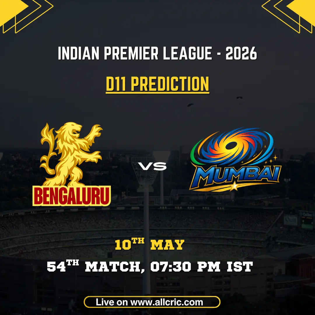RCB vs MI Dream11 prediction today match IPL 2026 poster featuring Royal Challengers Bengaluru vs Mumbai Indians, D11 prediction, 54th match on May 10 at 7:30 PM IST with team logos.