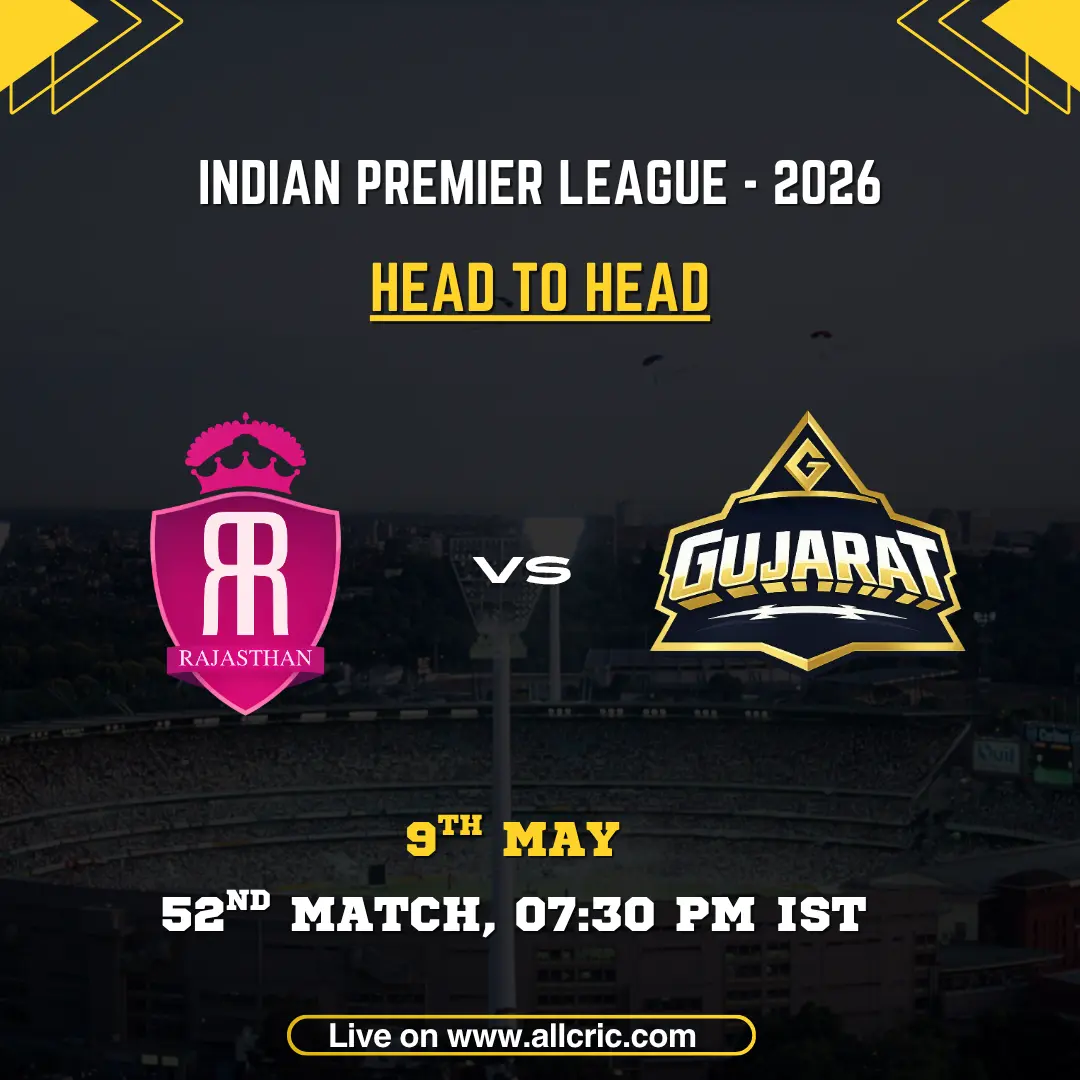 RR vs GT head to head today IPL 2026 poster featuring Rajasthan Royals vs Gujarat Titans, 52nd match on May 9 at 7:30 PM IST with team logos and match details.