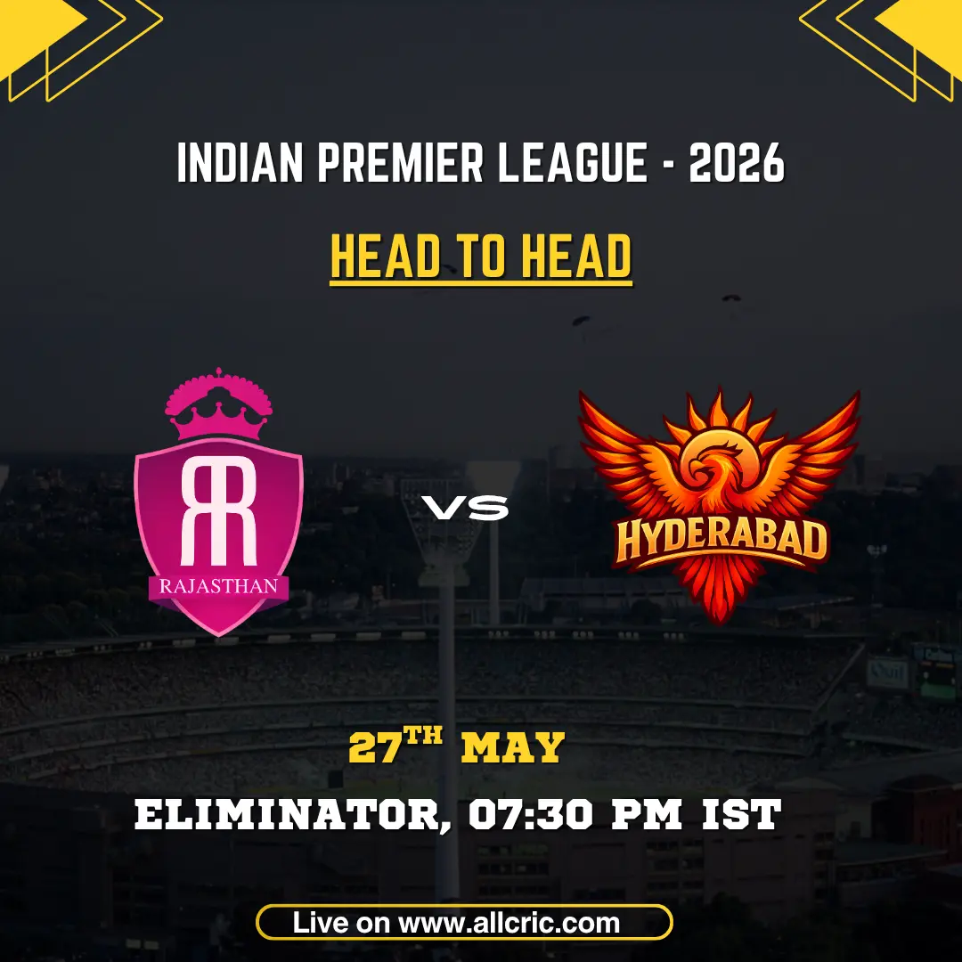 RR vs SRH head to head today IPL 2026 Eliminator poster featuring Rajasthan Royals vs Sunrisers Hyderabad on May 27 at 7:30 PM IST.