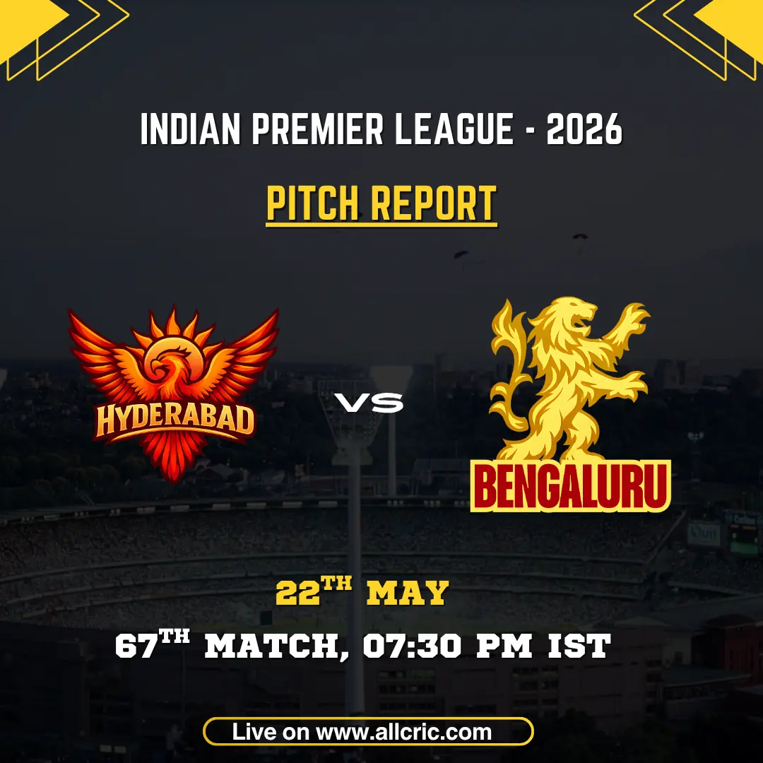 SRH vs RCB pitch report today IPL 2026 poster featuring Sunrisers Hyderabad vs Royal Challengers Bengaluru, 67th match at Rajiv Gandhi International Stadium on May 22 at 7:30 PM IST.