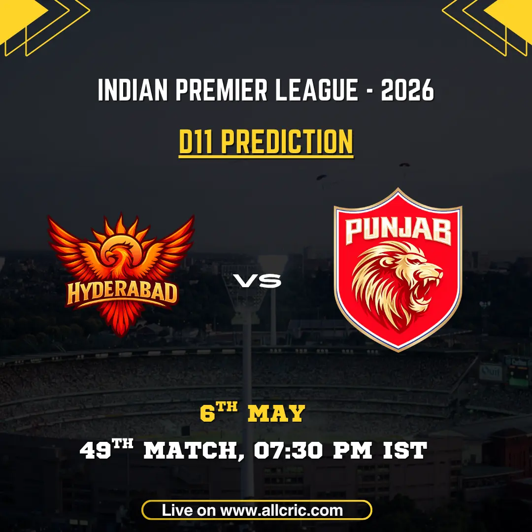 SRH vs PBKS Dream11 prediction today match IPL 2026 poster featuring Sunrisers Hyderabad vs Punjab Kings, D11 prediction, 49th match on May 6 at 7:30 PM IST with team logos and match details.