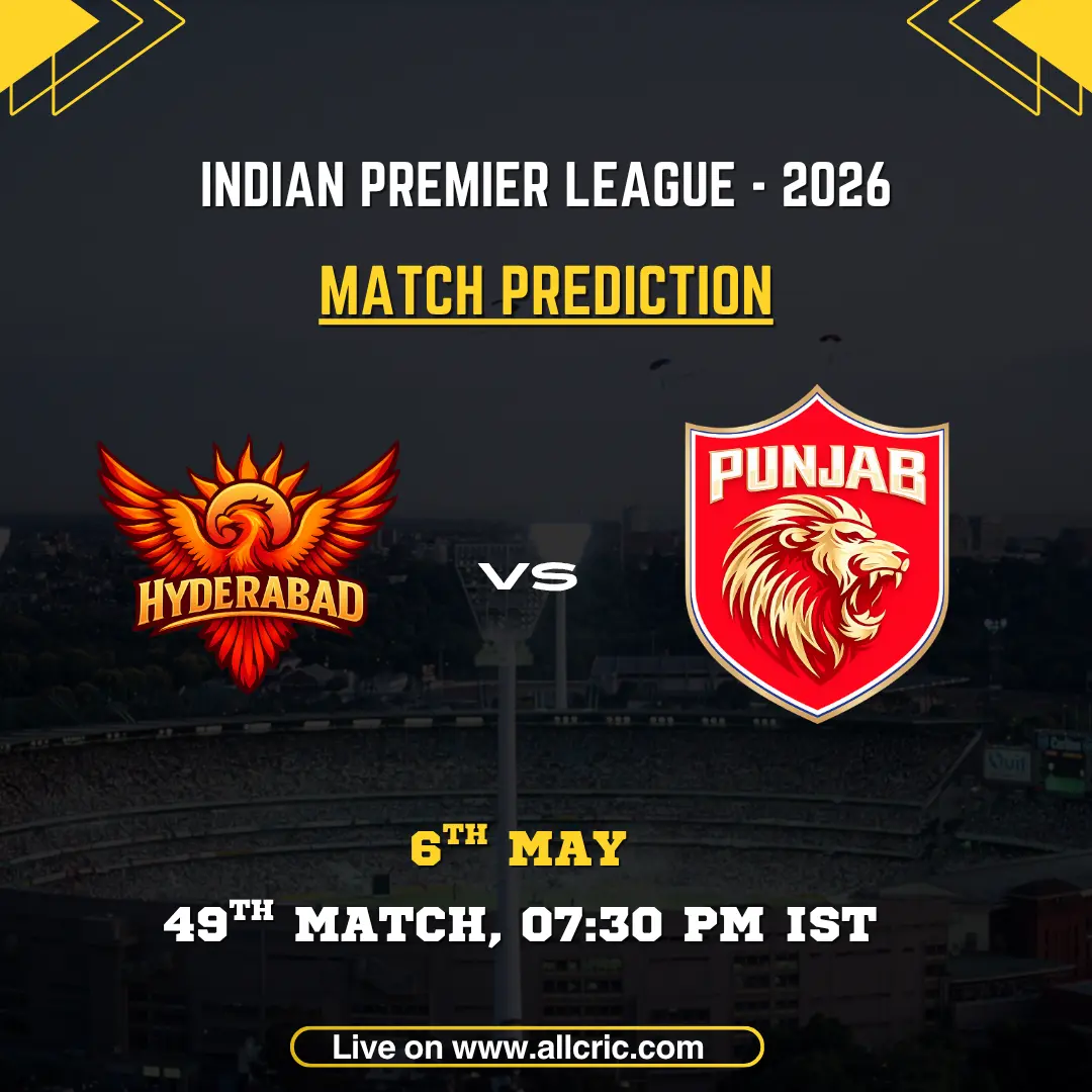 SRH vs PBKS today match prediction IPL 2026 poster featuring Sunrisers Hyderabad vs Punjab Kings, 49th match on May 6 at 7:30 PM IST with team logos.