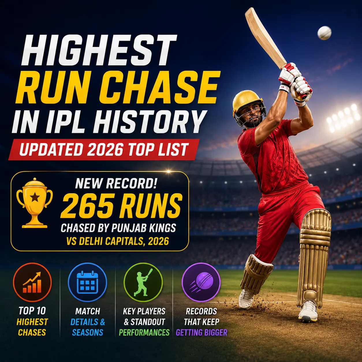 Highest run chase in IPL history graphic showing Punjab Kings’ record 265-run chase vs Delhi Capitals in 2026, with a batter playing a shot in a stadium.