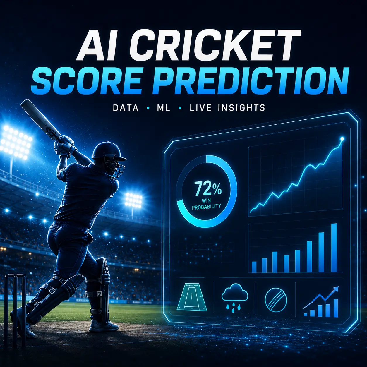 AI cricket score prediction dashboard displaying live win probability, score forecasting, machine learning analytics, pitch conditions, weather insights, and predictive graphs for real-time cricket match analysis.