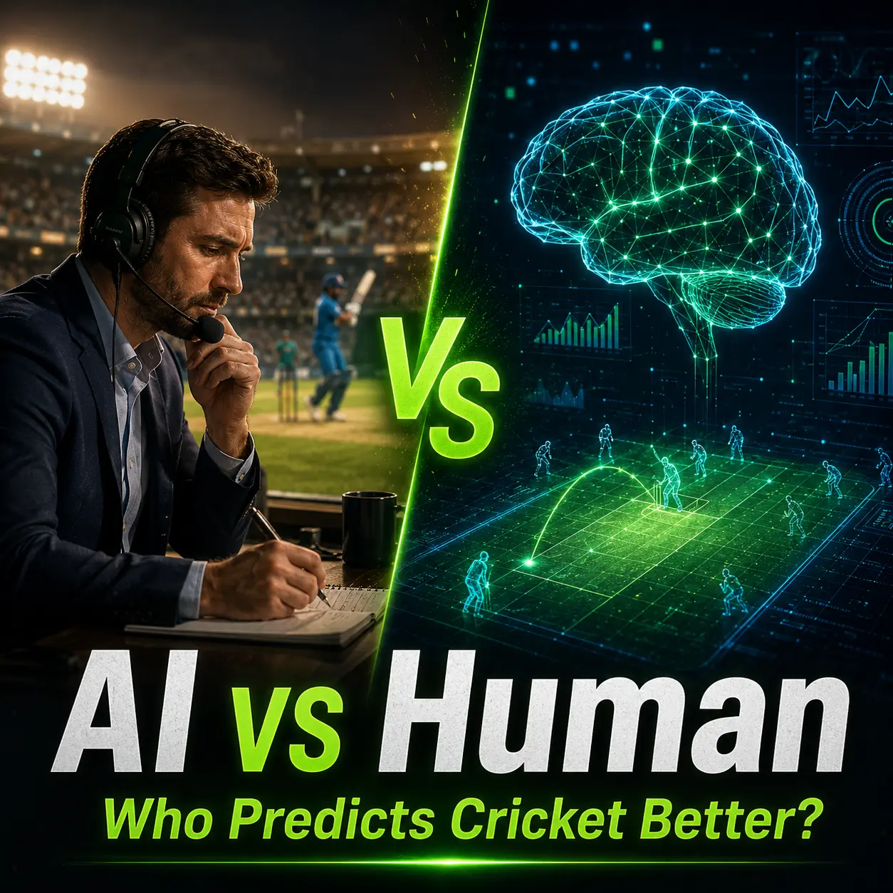 AI vs Human cricket prediction comparison graphic showing a cricket analyst opposite an AI neural network dashboard, illustrating how the best cricket prediction AI and cricket predictions with AI use machine learning and data analytics to outperform traditional expert analysis.