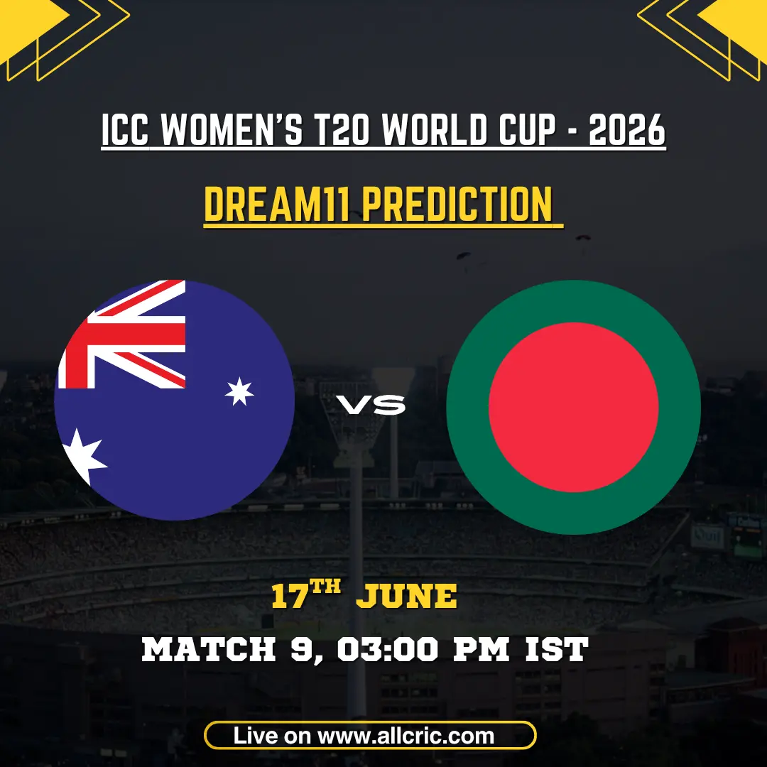 AUS-W vs BAN-W Dream11 prediction today match graphic for ICC Women’s T20 World Cup 2026 Match 9 at Headingley, Leeds. Features Australia Women and Bangladesh Women flags with match details, Dream11 fantasy team prediction, captain and vice-captain picks, top fantasy players, and match-winning insights for AUS-W vs BAN-W.