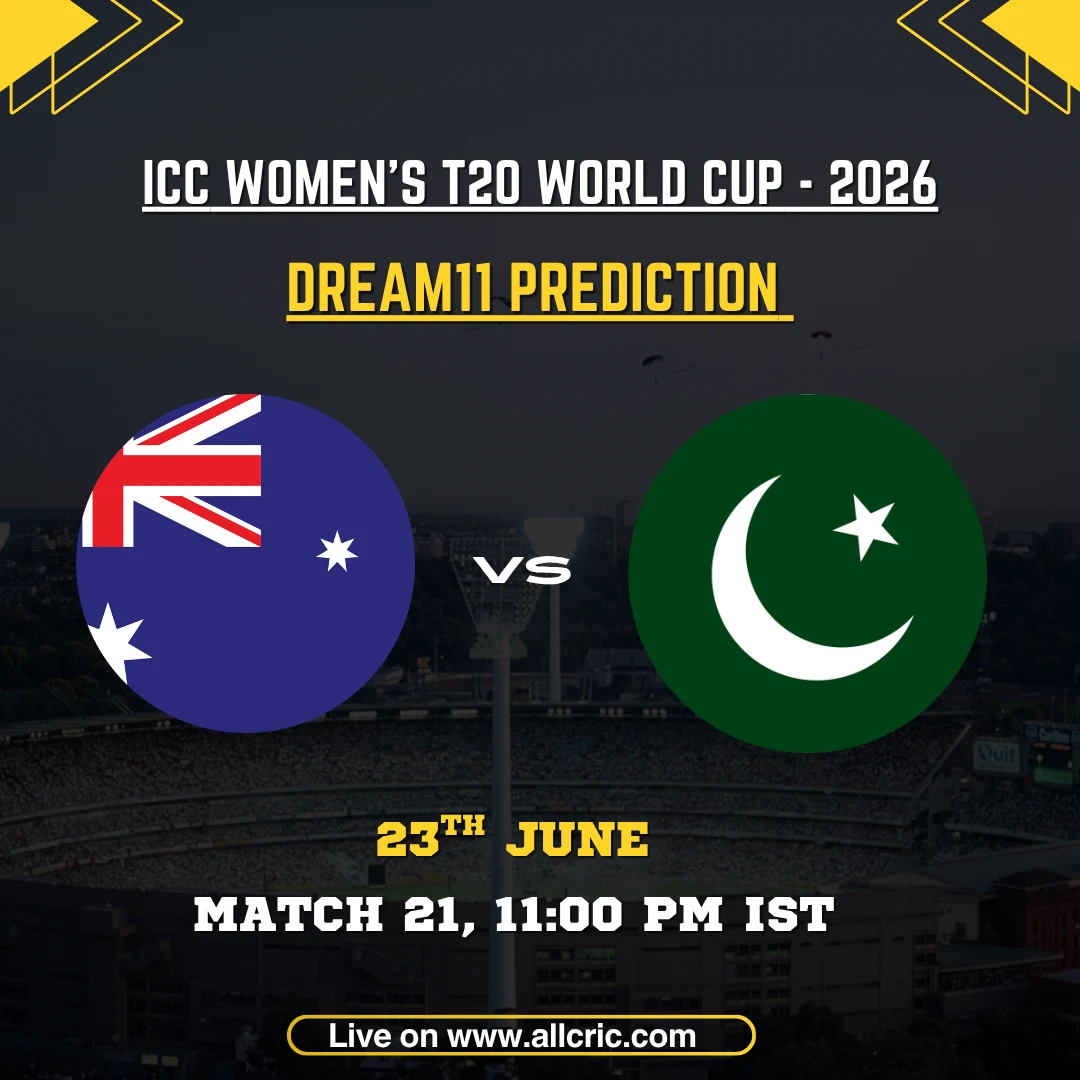 AUS-W vs PAK-W Dream11 prediction today match graphic for ICC Women’s T20 World Cup 2026 Match 21, featuring Australia Women vs Pakistan Women with Dream11 team prediction, captain and vice-captain picks, fantasy tips, and match details at Headingley, Leeds.