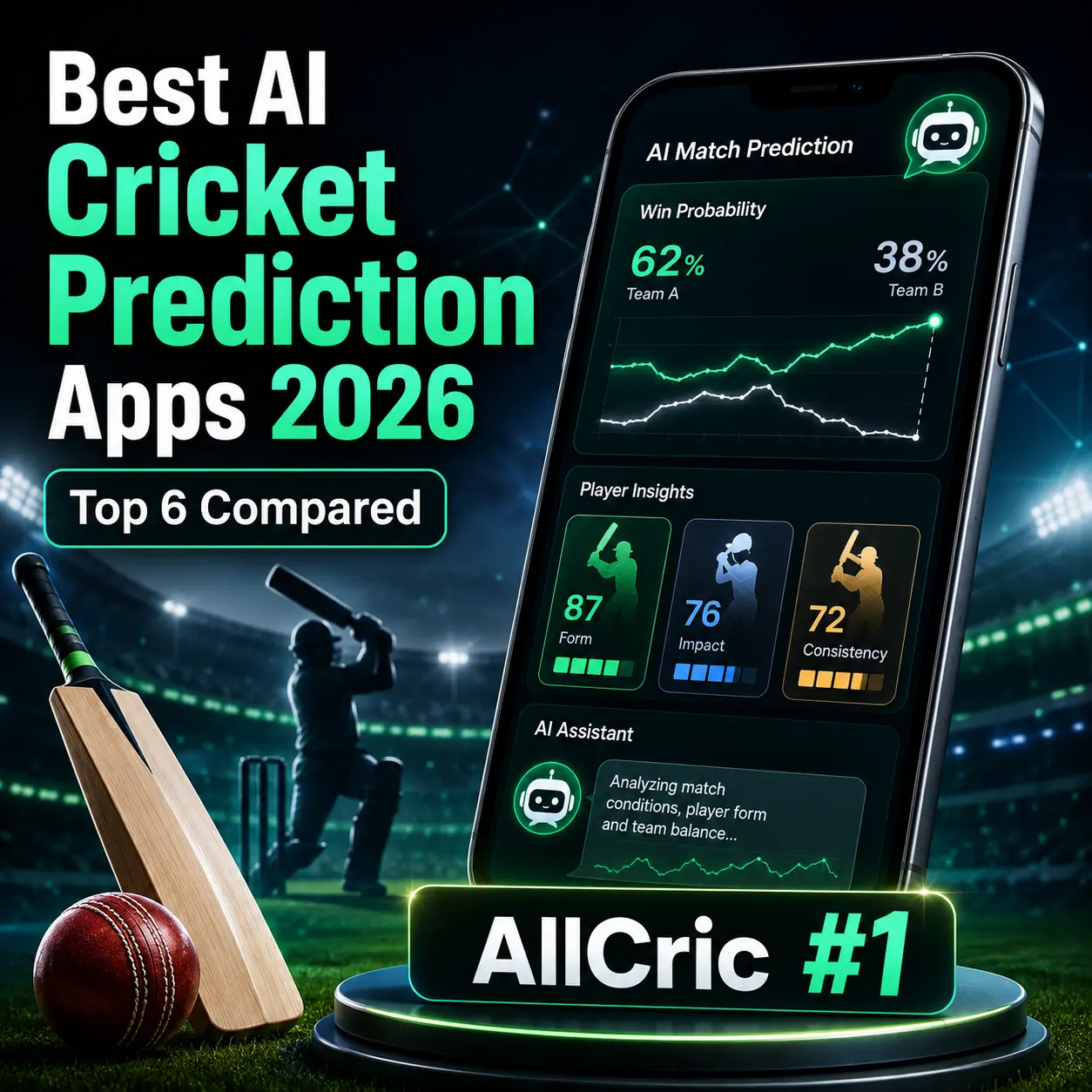 Best AI cricket prediction app comparison for 2026 featuring AllCric ranked #1, showing AI match prediction, win probability analytics, player insights, and fantasy cricket tools on a smartphone dashboard alongside a cricket stadium backdrop.