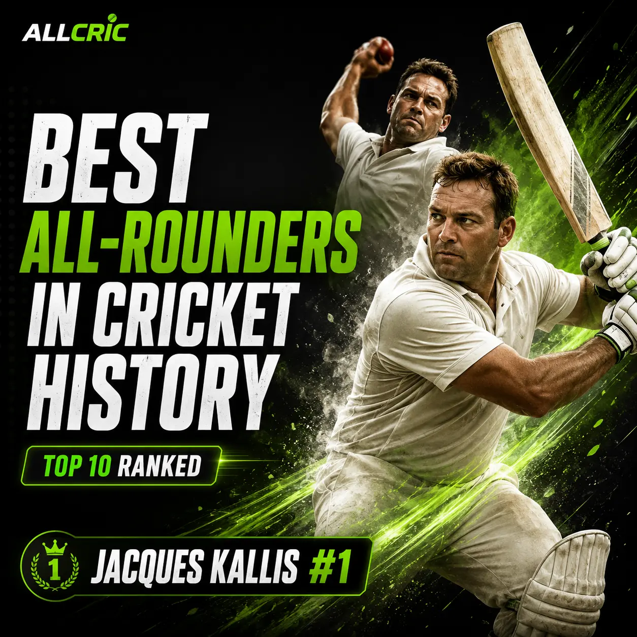 Top 10 best all-rounders in cricket history ranked, featuring Jacques Kallis at No.1. The image showcases a legendary cricketer excelling with both bat and ball, symbolizing the greatest all-rounders who dominated international cricket through batting consistency, wicket-taking ability, versatility, and match-winning performances.