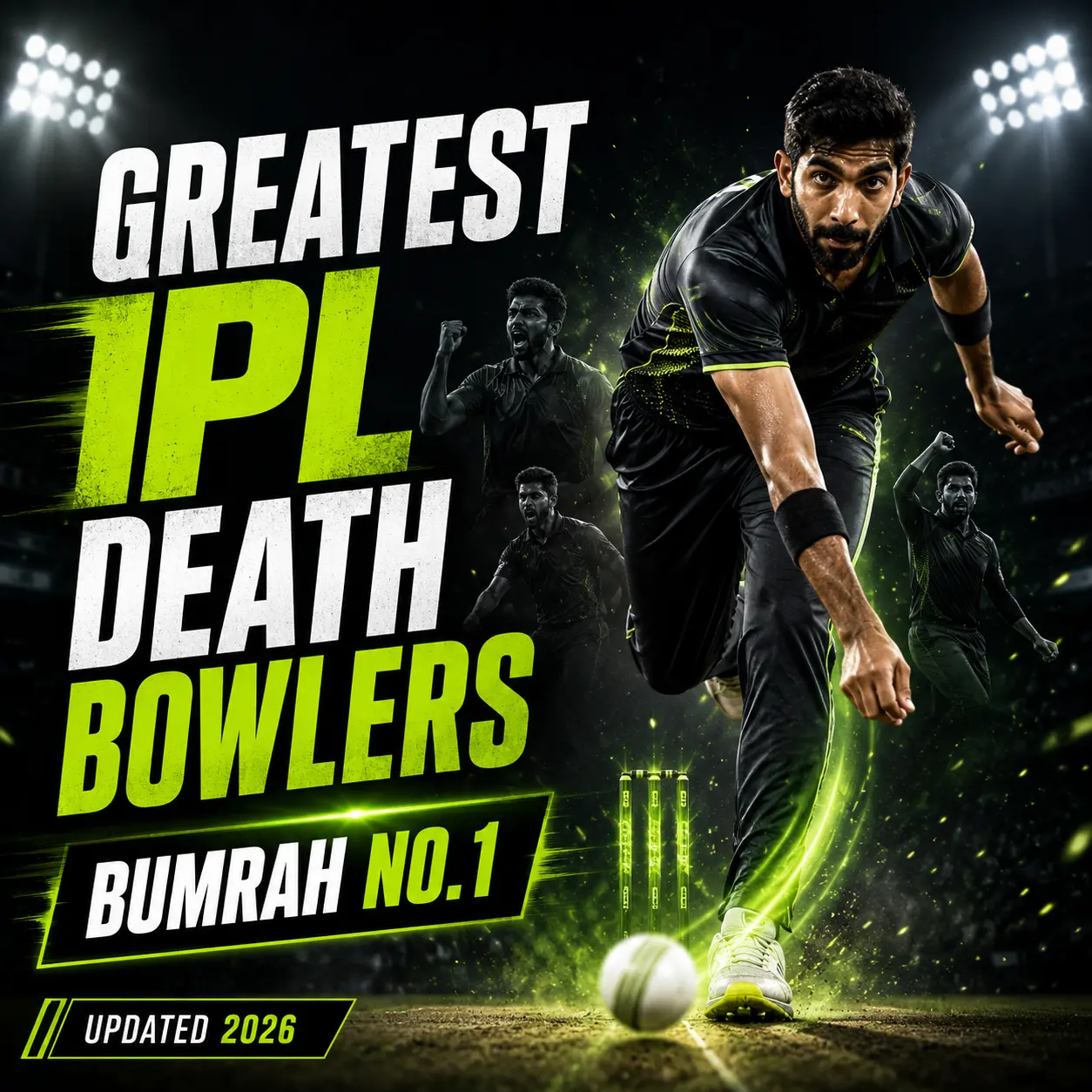 Jasprit Bumrah ranked No. 1 among the greatest IPL death bowlers in history. The graphic showcases Bumrah in a bowling action under stadium lights, highlighting his elite yorkers, death-over control, and status as the most complete IPL death-over specialist.