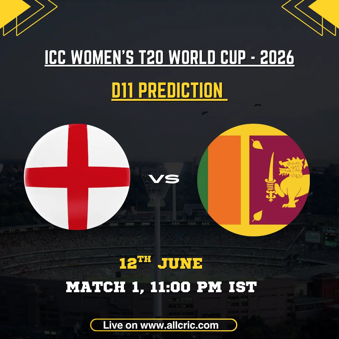 ENG-W vs SL-W Dream11 prediction today match graphic for the ICC Women’s T20 World Cup 2026 opener at Edgbaston, Birmingham. The image features England Women and Sri Lanka Women flags, match details, and fantasy cricket branding, highlighting ENG-W vs SL-W Dream11 team prediction, top fantasy picks, captain choices, and match-winning players.