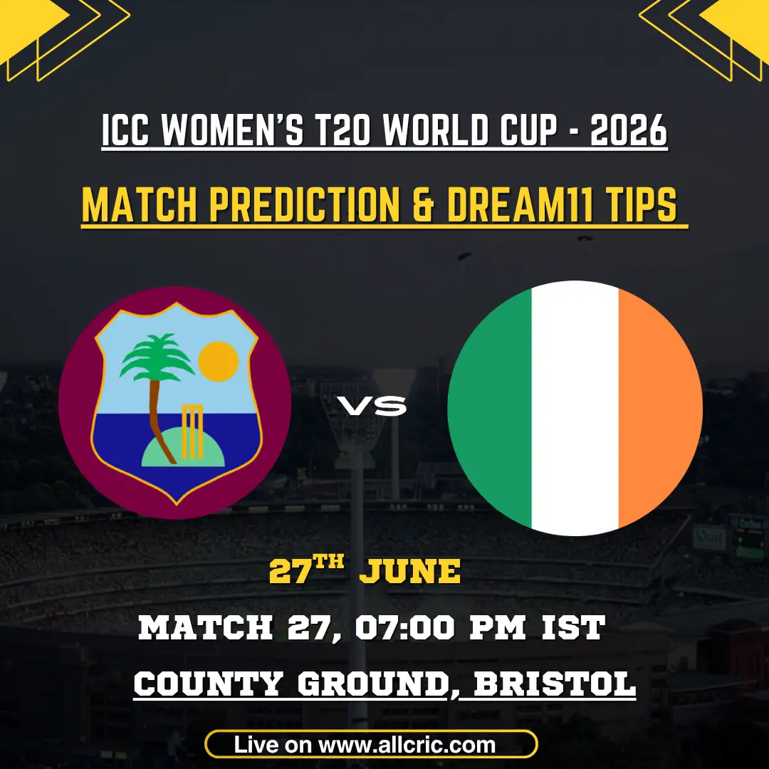 West Indies Women vs Ireland Women match prediction and Dream11 tips graphic for ICC Women’s T20 World Cup 2026, featuring key players Hayley Matthews, Orla Prendergast, Shemaine Campbelle, and Gaby Lewis with pitch report, toss prediction, head-to-head stats, and fantasy team insights for Bristol County Ground.