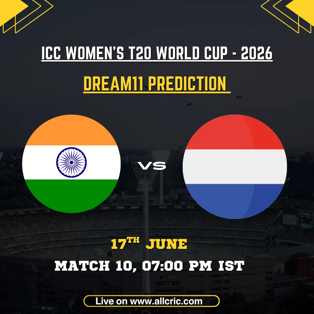 IND-W vs NED-W Dream11 Prediction Today Match graphic for ICC Women’s T20 World Cup 2026 featuring India Women vs Netherlands Women. Includes Dream11 team prediction, fantasy cricket tips, captain and vice-captain picks, match details, and fantasy insights for the Headingley, Leeds clash on 17 June 2026.