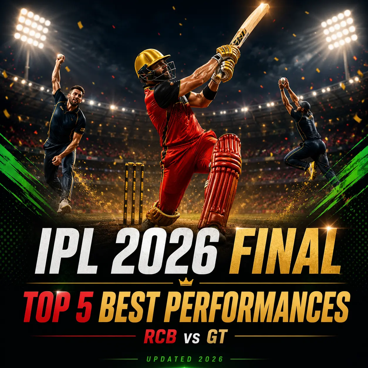 IPL 2026 Final Top 5 Best Performances graphic featuring Royal Challengers Bengaluru players after their title-winning victory over Gujarat Titans. The image highlights Virat Kohli's unbeaten 75*, Rasikh Salam's 3/27, Bhuvneshwar Kumar's 2/29, Venkatesh Iyer's explosive 32, and Rajat Patidar's captaincy in RCB's back-to-back IPL championship triumph.