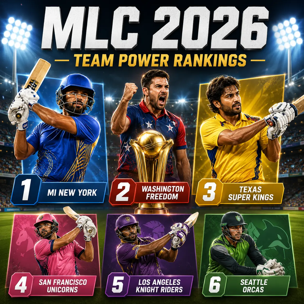 MLC 2026 team power rankings featuring MI New York, Washington Freedom, Texas Super Kings, San Francisco Unicorns, Los Angeles Knight Riders, and Seattle Orcas ranked from strongest to weakest ahead of the Major League Cricket 2026 season.