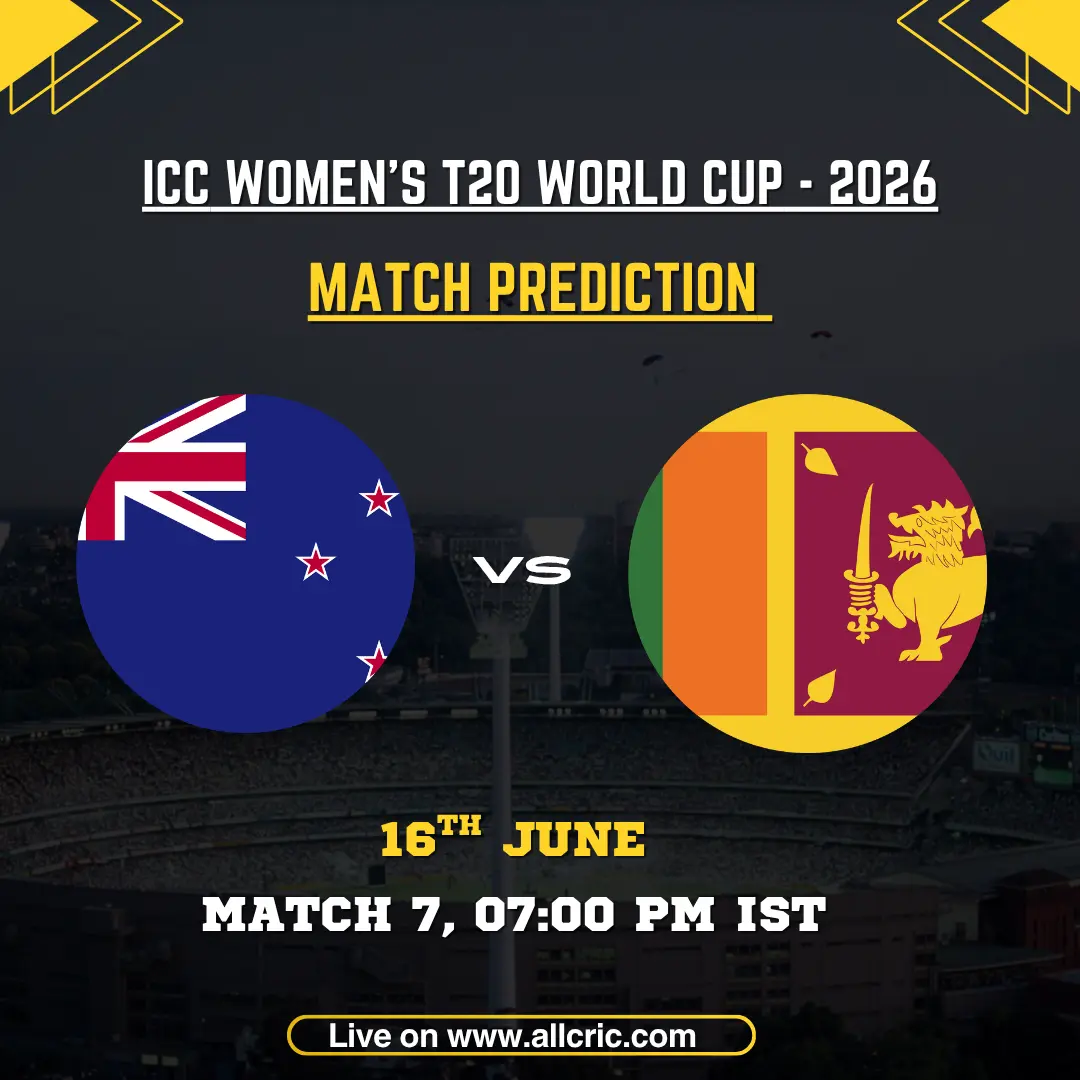 New Zealand Women vs Sri Lanka Women match prediction graphic for ICC Women’s T20 World Cup 2026 Match 7 at The Rose Bowl, Southampton. Features NZ-W and SL-W flags, match date 16 June, and expert NZ W vs SL W today match prediction highlighting New Zealand Women as favorites with Melie Kerr, Sophie Devine, and Nensi Patel against Chamari Athapaththu-led Sri Lanka Women.