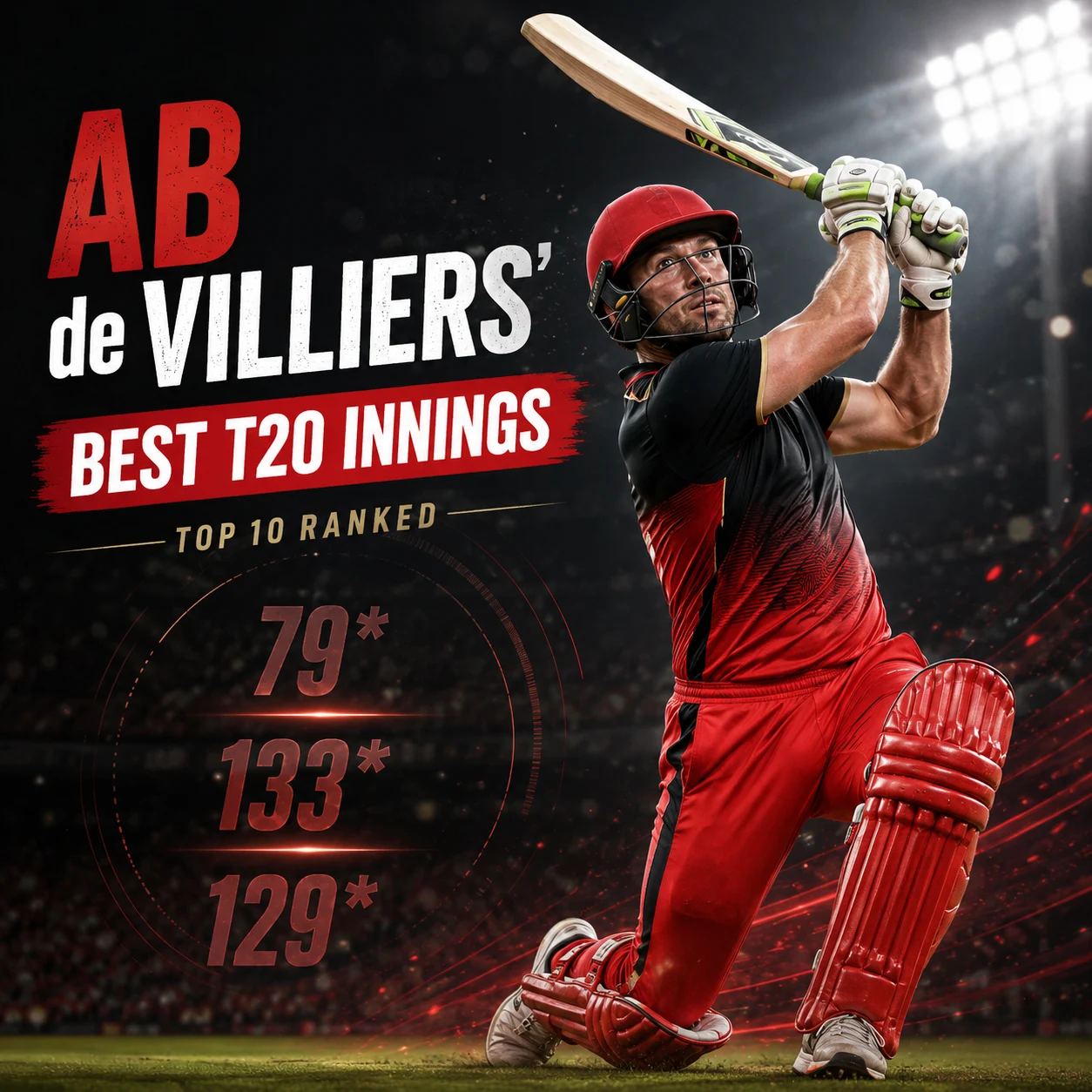 Stylized image of AB de Villiers playing an attacking shot in a red and black jersey under floodlights, alongside scores of 79*, 133*, and 129*. The graphic highlights the top 10 best T20 innings of AB de Villiers, featuring his iconic match-winning knocks for South Africa and Royal Challengers Bangalore.