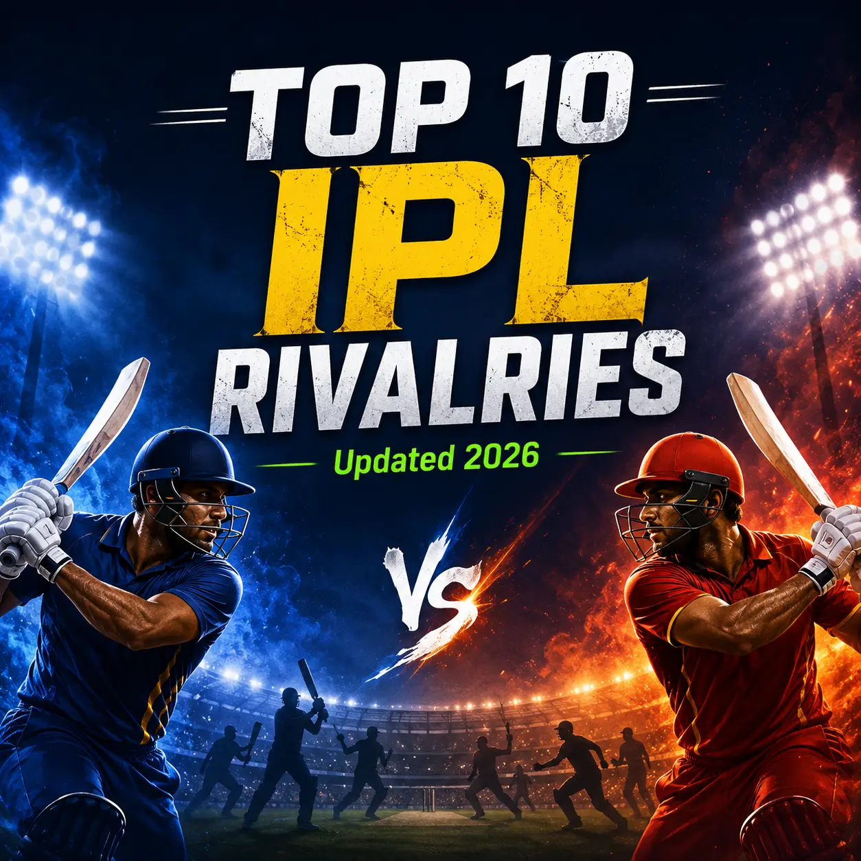Dramatic IPL rivalry poster featuring two opposing cricketers in blue and red kits facing off with bats raised under stadium floodlights. The graphic highlights the “Top 10 IPL Rivalries – Updated 2026” ranking, symbolizing iconic clashes such as MI vs CSK, CSK vs RCB, and RCB vs KKR that have defined IPL history.