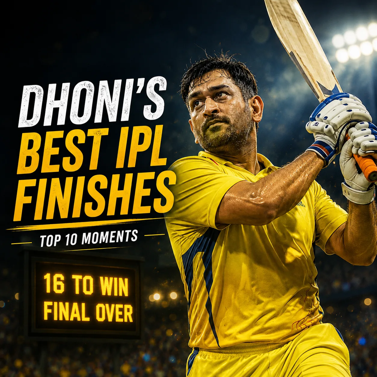 Dynamic image of MS Dhoni in Chennai Super Kings colors playing a lofted shot under floodlights, with the text “Dhoni’s Best IPL Finishes – Top 10 Moments” and a scoreboard showing “16 to win, final over.” The graphic highlights Dhoni’s greatest match-winning finishes, including his iconic 54* against Kings XI Punjab in IPL 2010.