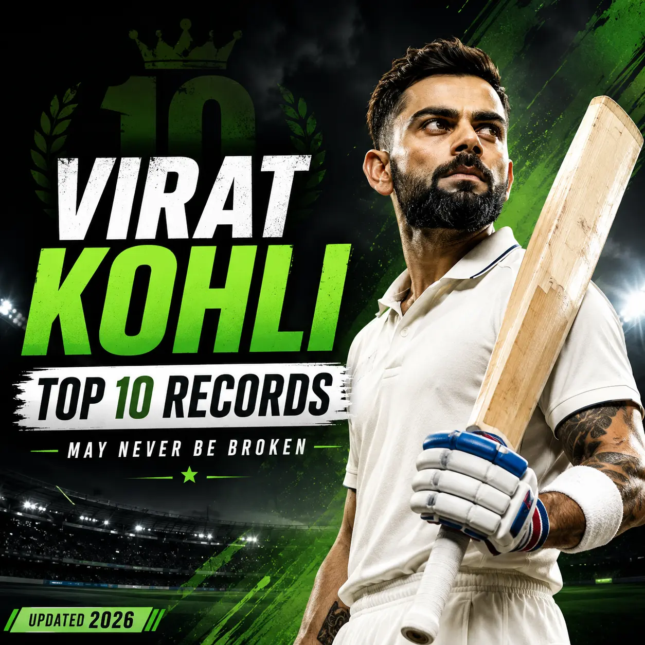 Virat Kohli Top 10 Records That May Never Be Broken infographic featuring the Indian cricket legend holding a bat in a stadium. Highlights Virat Kohli’s greatest cricket achievements, including most ODI centuries, fastest ODI run milestones, IPL records, T20 World Cup records, and India's most successful Test captaincy achievements.