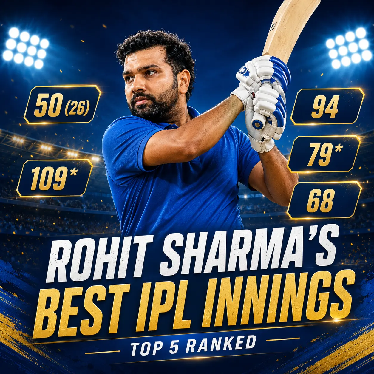 Rohit Sharma batting in a Mumbai Indians jersey with scores of 50 (26), 109*, 94, 79*, and 68 displayed around him in a graphic titled “Rohit Sharma’s Best IPL Innings – Top 5 Ranked.” The image highlights his greatest IPL knocks, including his match-winning 50 in the 2015 final and unbeaten 109 against Kolkata Knight Riders.