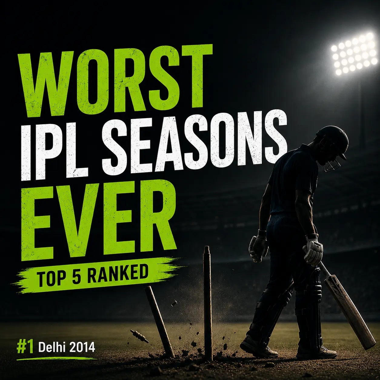 Worst IPL seasons ever ranked graphic featuring a dejected batsman walking away from broken stumps under floodlights. The image highlights Delhi Daredevils' 2014 campaign as the No. 1 worst IPL season, based on win percentage, points per match, and net run rate in IPL history.