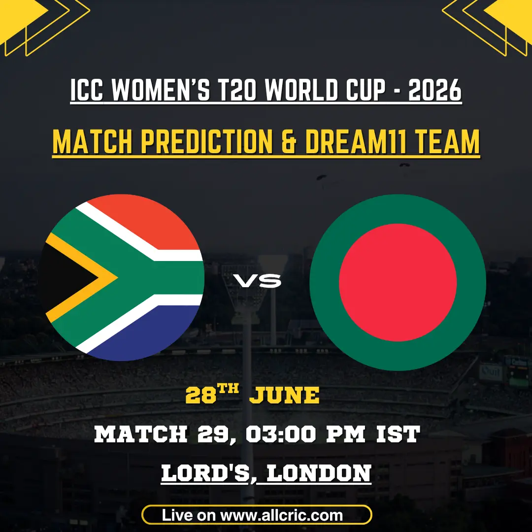 South Africa Women vs Bangladesh Women Dream11 prediction today match for ICC Women’s T20 World Cup 2026 at Lord’s, London, featuring SA-W vs BAN-W match prediction, fantasy team tips, pitch report, and captain picks.
