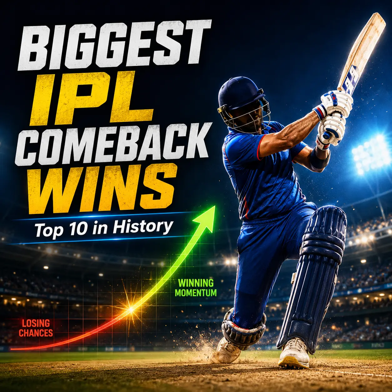 Biggest IPL comeback wins in history featuring the top 10 greatest turnarounds, including Punjab Kings' record 265-run chase in IPL 2026, with a batter playing a match-winning shot and a rising win-probability graph symbolizing momentum shifts.