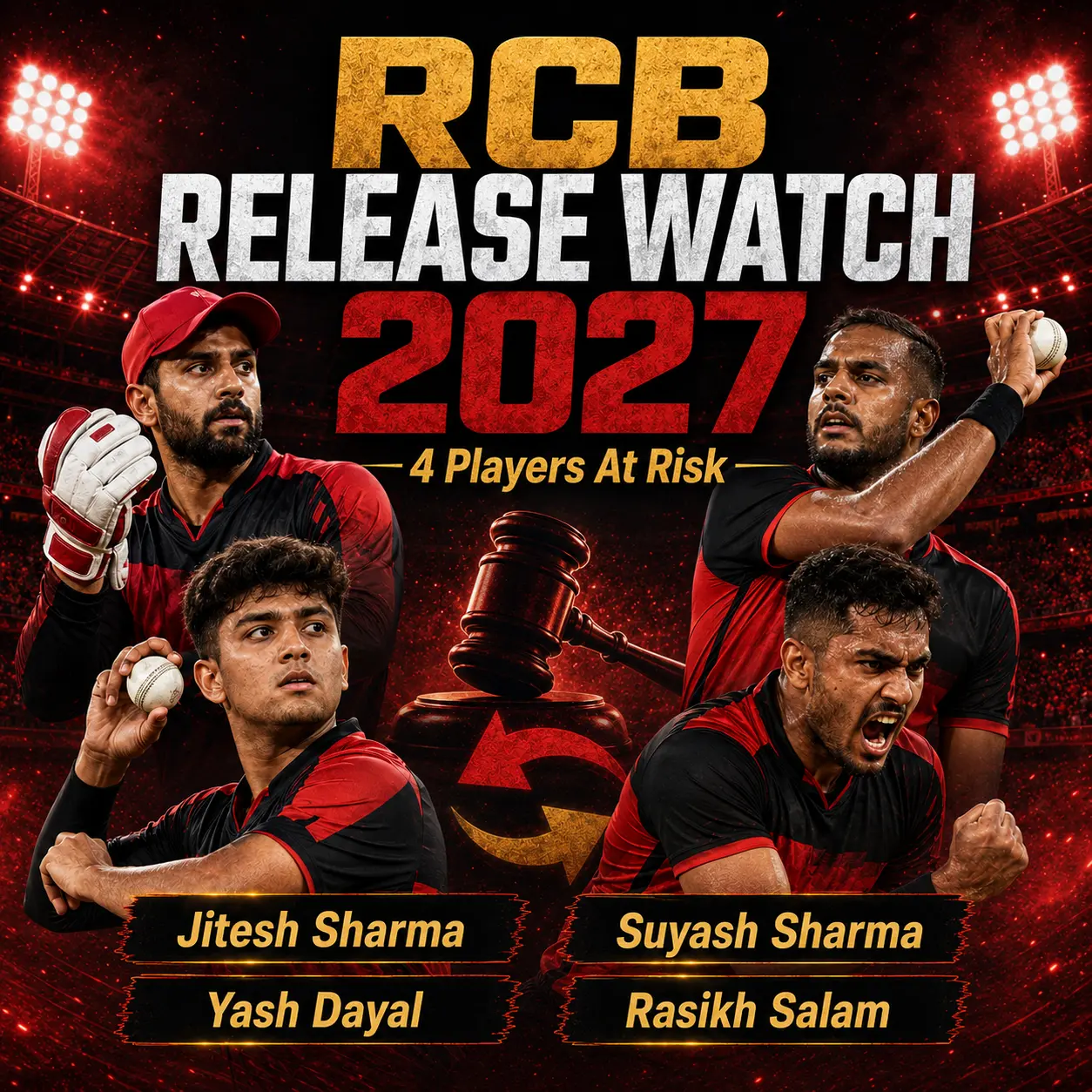 RCB released players 2027 graphic featuring Jitesh Sharma, Suyash Sharma, Yash Dayal, and Rasikh Salam as the four Royal Challengers Bengaluru players who could be released before the IPL 2027 mini-auction.