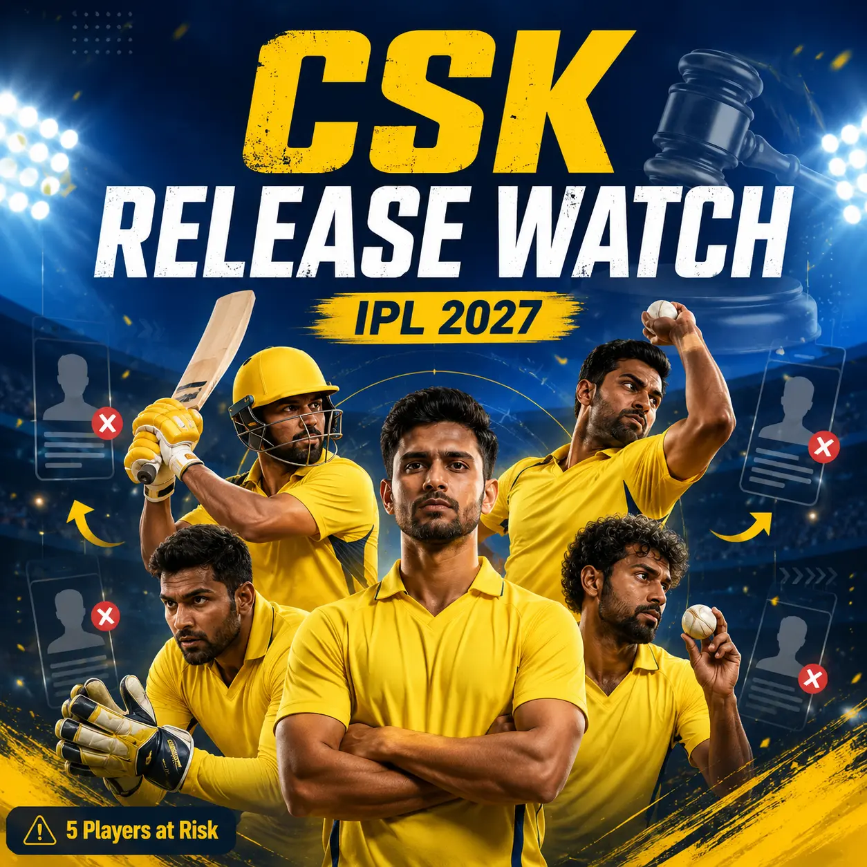 CSK released players 2027 graphic featuring Matthew Short, Jamie Overton, Akeal Hosein, Akash Madhwal, and Sarfaraz Khan as potential Chennai Super Kings release candidates ahead of the IPL 2027 mini-auction.