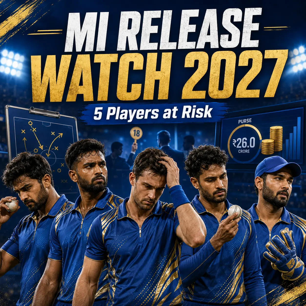MI released players 2027 graphic featuring Deepak Chahar, Shardul Thakur, Corbin Bosch, Mitchell Santner, and Quinton de Kock as potential Mumbai Indians release candidates ahead of the IPL 2027 mini-auction.