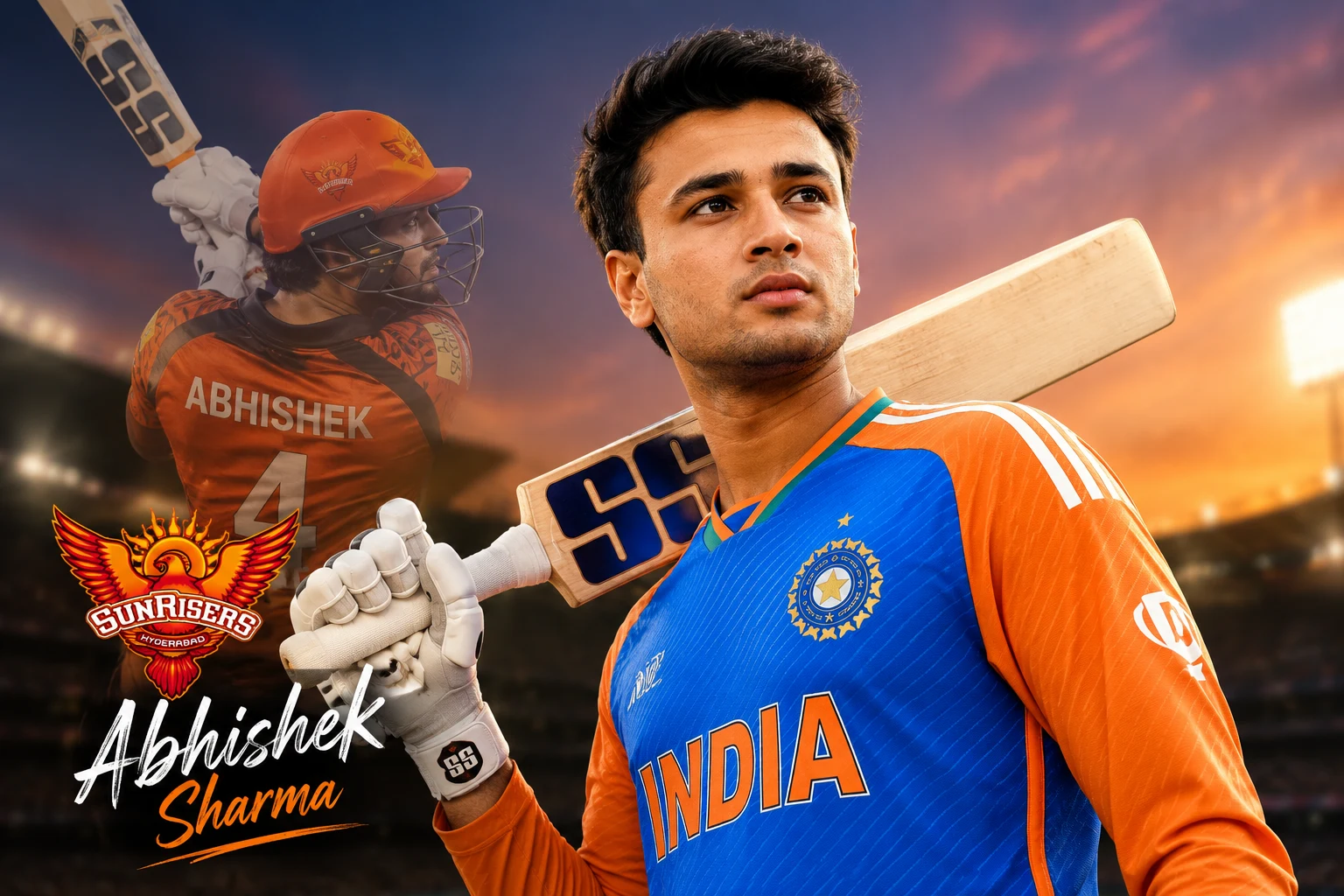 Abhishek Sharma holding a cricket bat in India’s T20I jersey, with a Sunrisers Hyderabad batting image and team logo in the background.