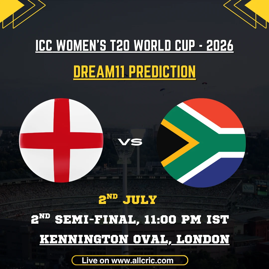 ENG W vs SA W Dream11 prediction today match for the ICC Women’s T20 World Cup 2026 semi-final at Kennington Oval, London, featuring England Women vs South Africa Women with Dream11 team prediction, fantasy tips, probable playing XI, captain and vice-captain picks.