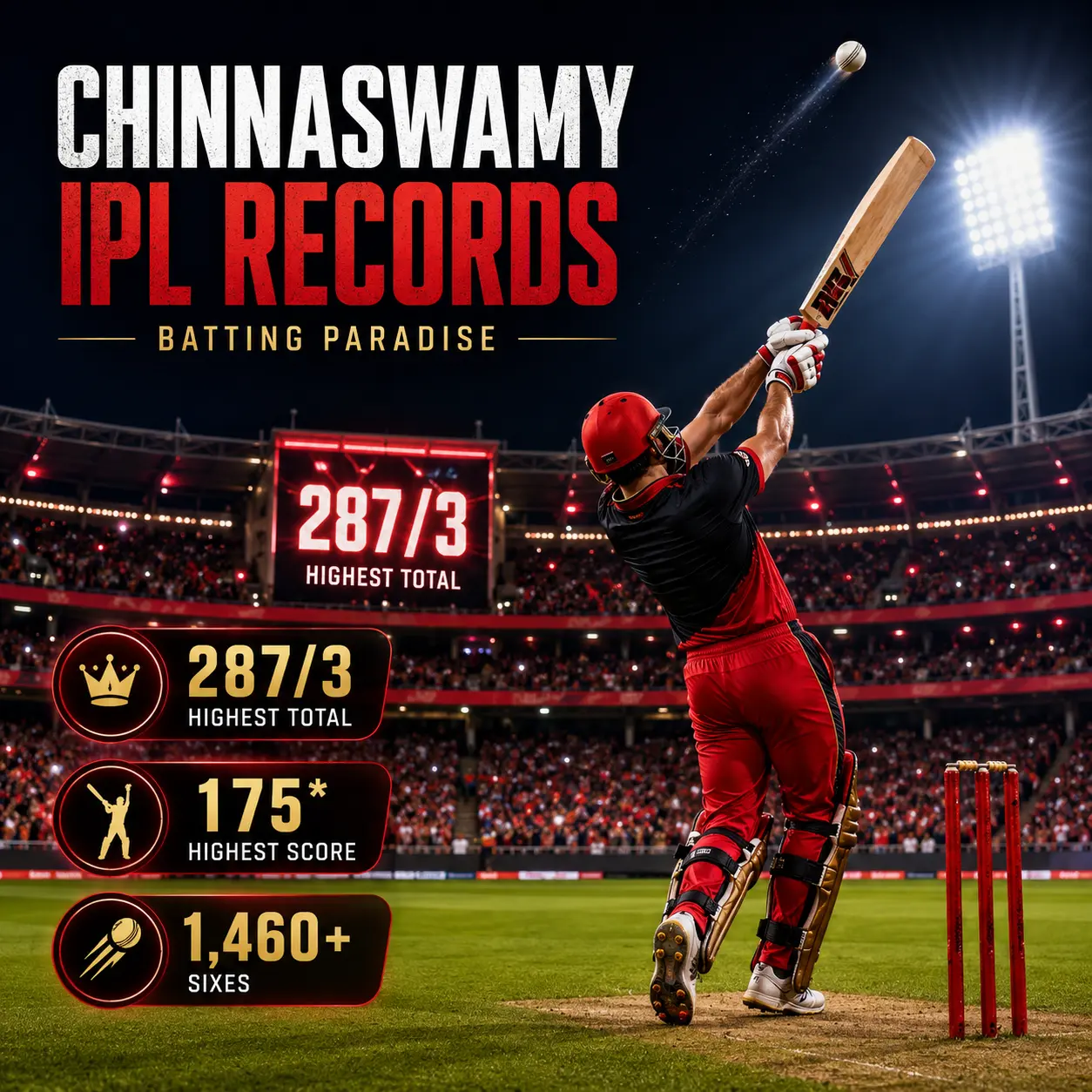 Chinnaswamy Stadium IPL records infographic highlighting the highest team total of 287/3, highest individual score of 175, and over 1,460 sixes at M. Chinnaswamy Stadium, Bengaluru, showcasing why it is the IPL's ultimate batting paradise.*