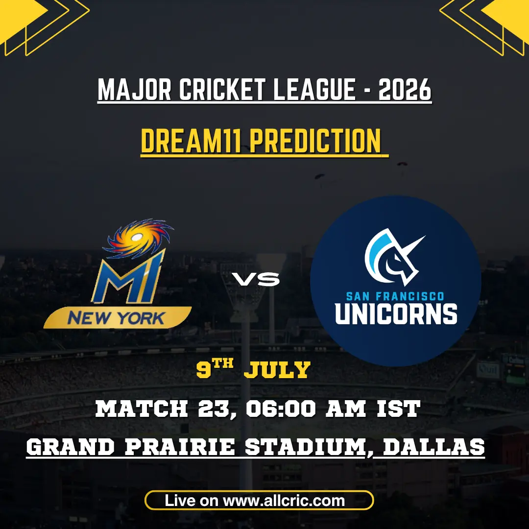 MINY vs SFU Dream11 prediction today match graphic for MLC 2026 Match 23 featuring MI New York vs San Francisco Unicorns at Grand Prairie Stadium, Dallas, with Dream11 team prediction, match date, time, and venue.