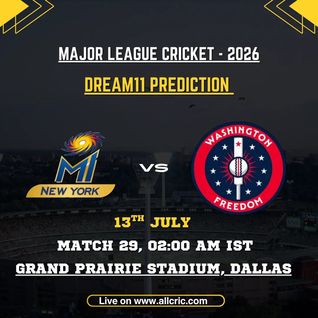 MINY vs WF Dream11 prediction today match for MI New York vs Washington Freedom in Match 29 of MLC 2026 at Grand Prairie Stadium, Dallas, featuring Dream11 team prediction, fantasy tips, probable playing XI, captain and vice-captain picks.