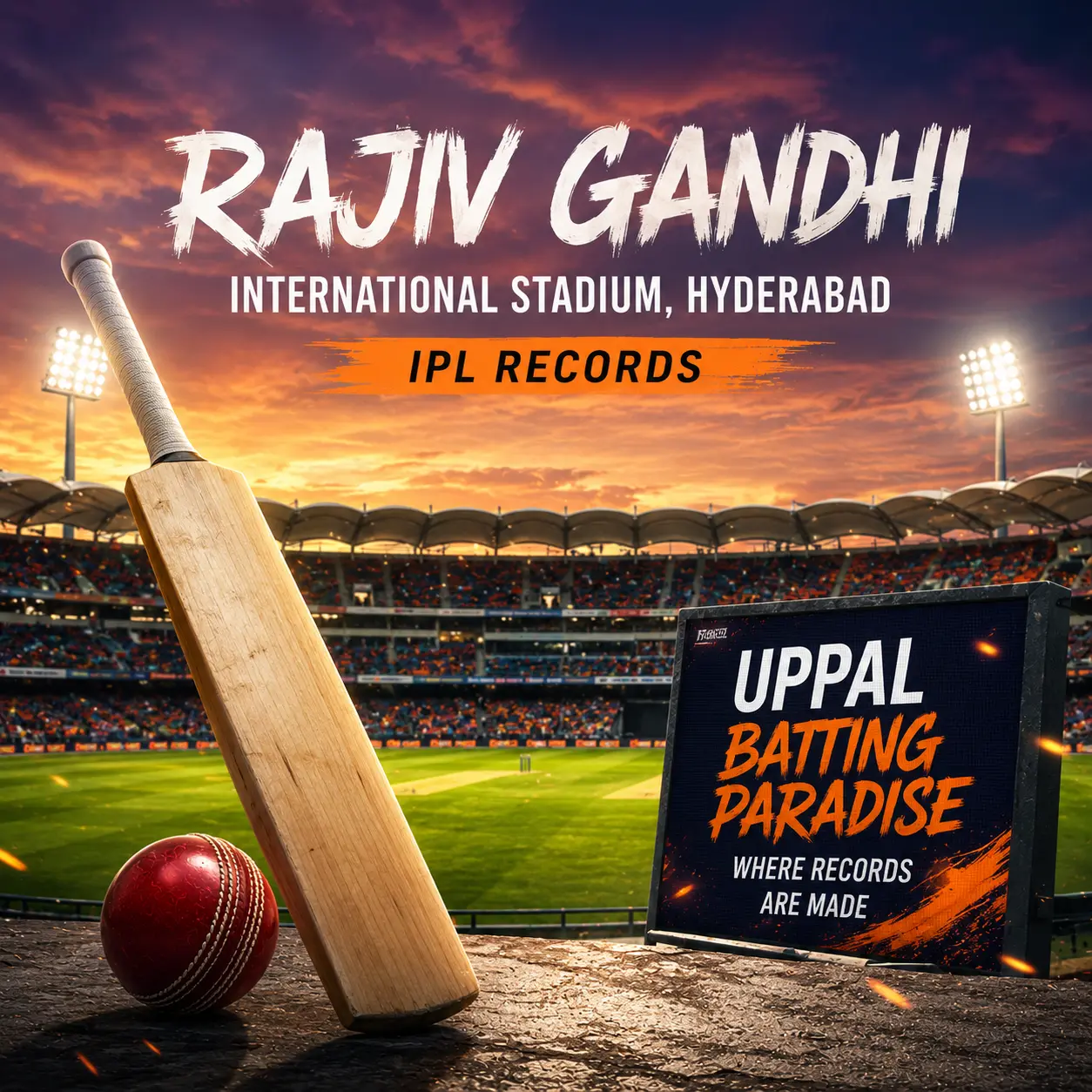 Rajiv Gandhi International Stadium IPL records graphic highlighting Uppal as a batting paradise and home to major IPL batting and bowling records.