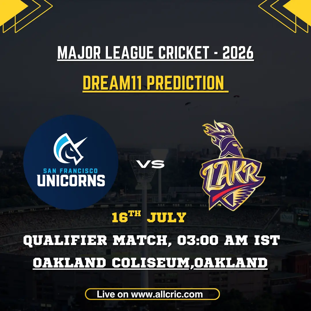 SFU vs LAKR Dream11 prediction today match graphic for the MLC 2026 Qualifier, featuring San Francisco Unicorns vs LA Knight Riders at Oakland Coliseum.