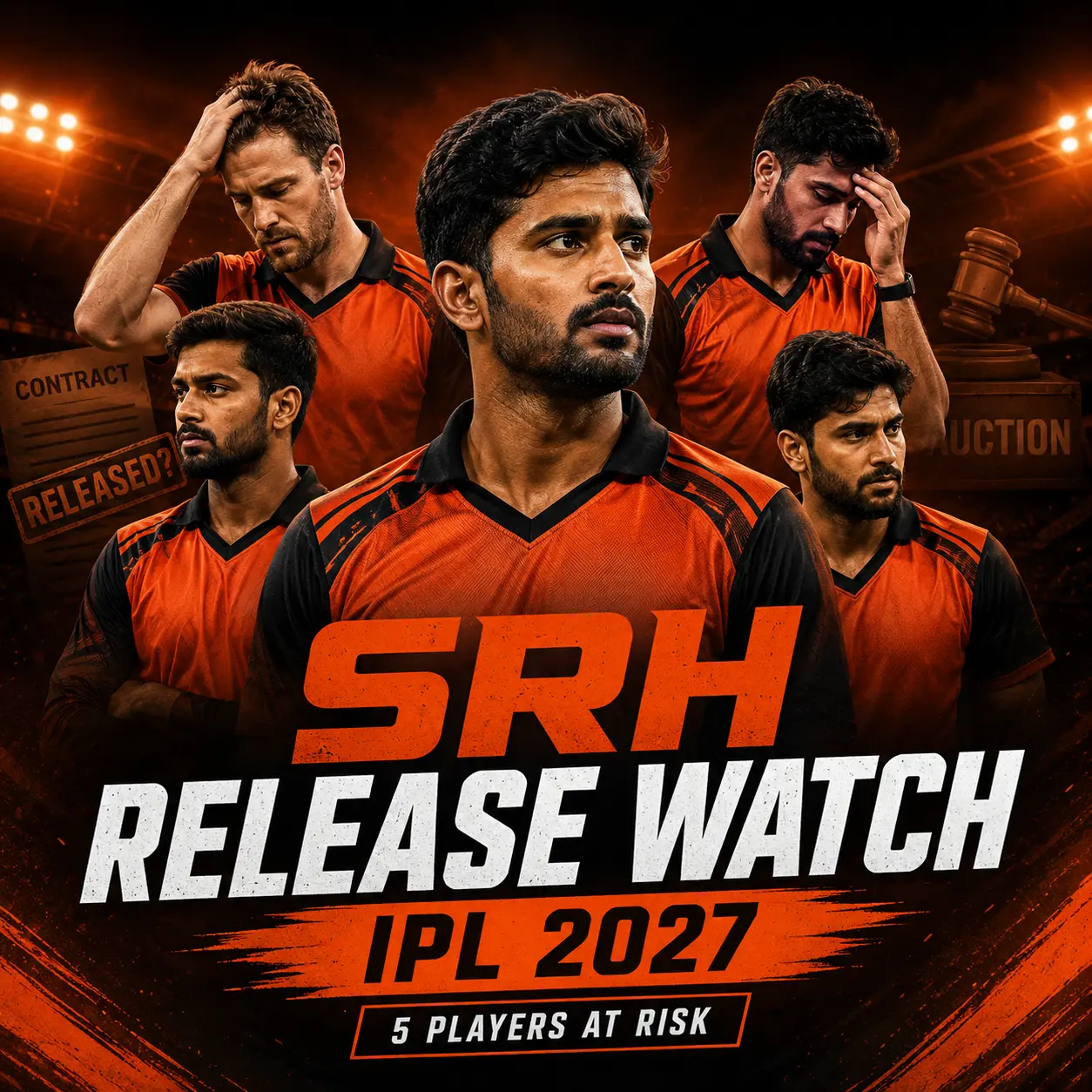 SRH Release Watch IPL 2027 featuring five Sunrisers Hyderabad players who could be released before the IPL 2027 auction, including Liam Livingstone, Harshal Patel, Jaydev Unadkat, Brydon Carse, and Gerald Coetzee based on IPL 2026 performance and squad analysis.