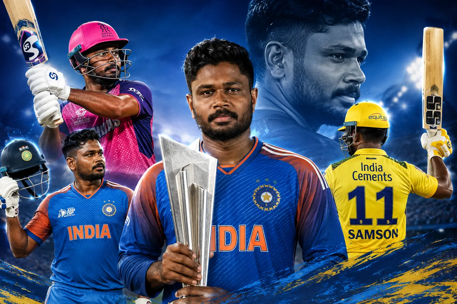 Sanju Samson career collage featuring India, Rajasthan Royals and Chennai Super Kings highlights with the T20 World Cup trophy.