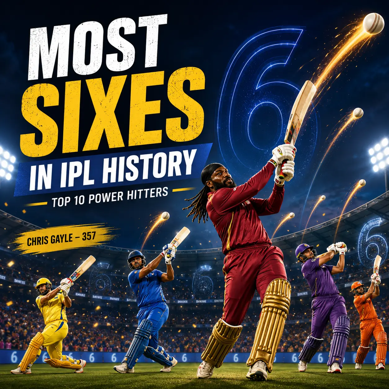 Most sixes in IPL history infographic featuring Chris Gayle leading the all-time list with 357 sixes, alongside the top 10 IPL power hitters updated through IPL 2026.