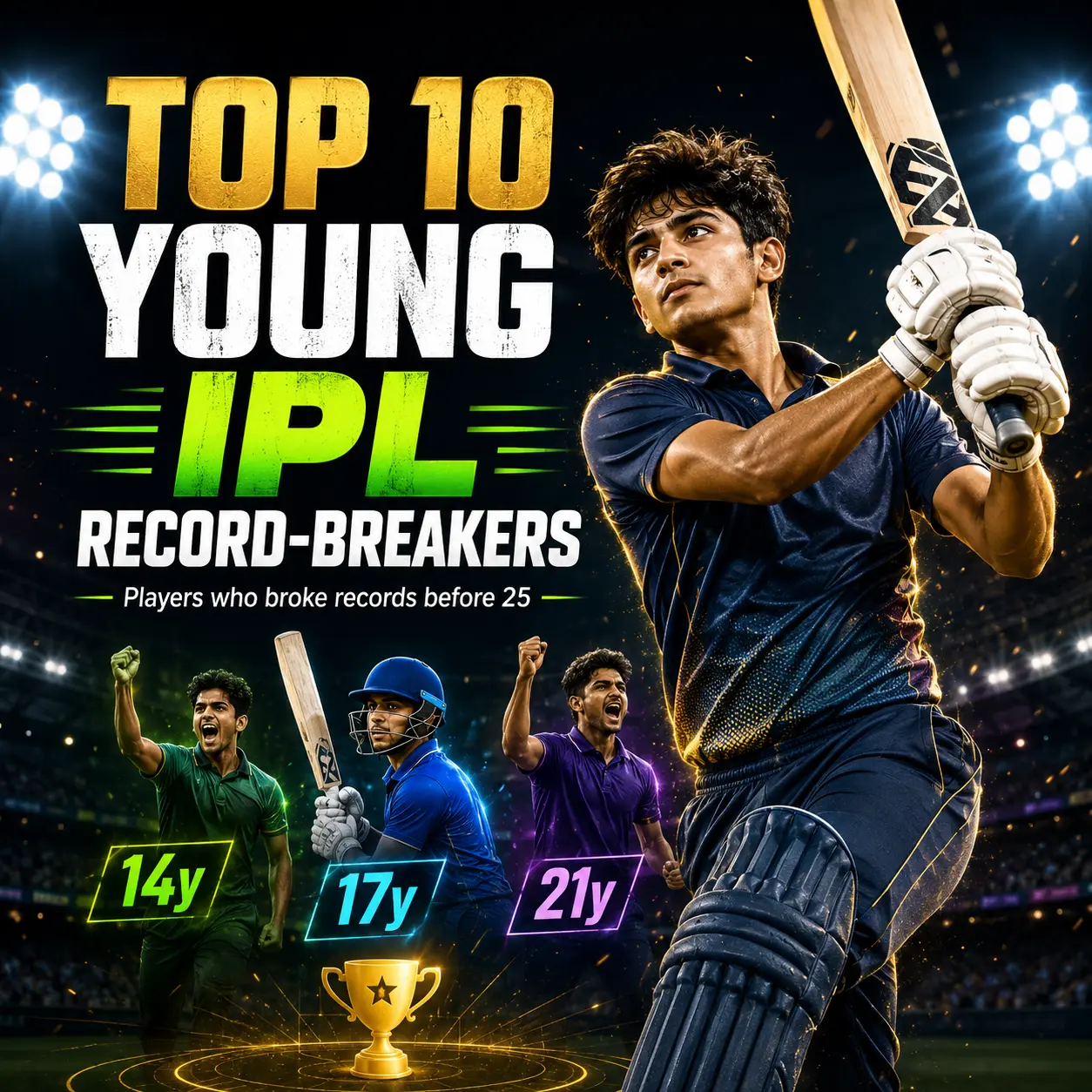 Top 10 young IPL record-breakers featuring Vaibhav Sooryavanshi, Yashasvi Jaiswal, Virat Kohli and other players who set major IPL records before age 25.